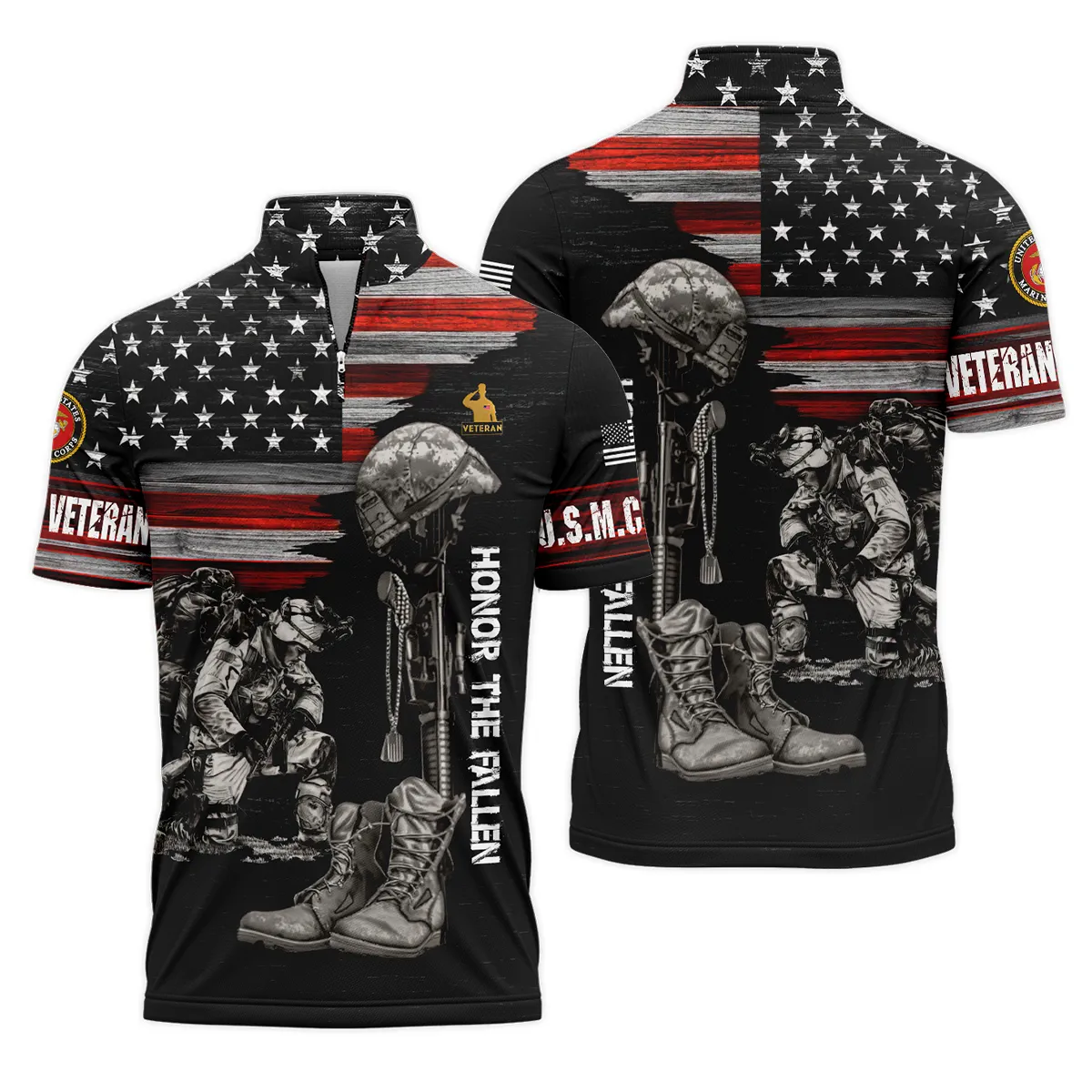 Veteran Honor The Fallen U.S. Marine Corps Veterans All Over Prints Quarter-Zip Polo Shirt