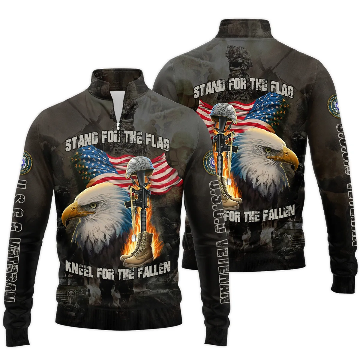 Veteran Stand For The Flag Kneel For The Fallen U.S. Coast Guard Veterans All Over Prints Quarter-Zip Jacket