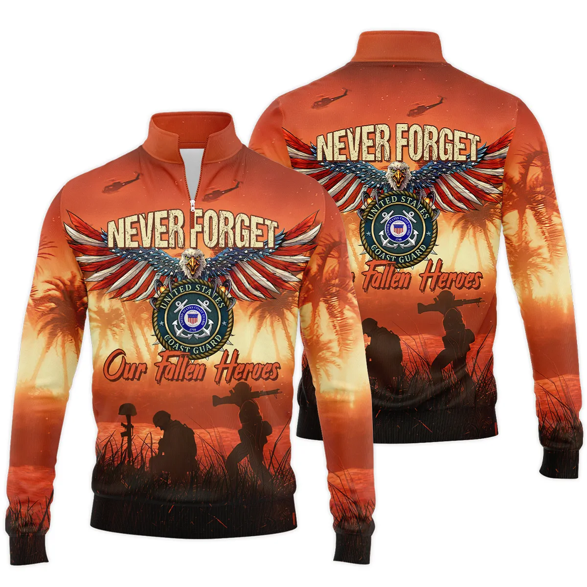 Veteran Never Forget Our Fallen Heroes U.S. Coast Guard Veterans All Over Prints Quarter-Zip Jacket