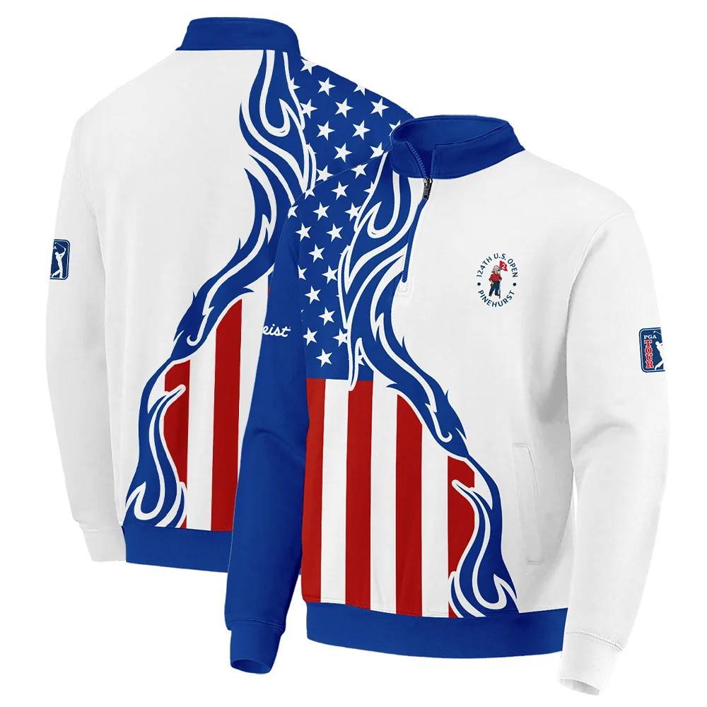 Golf Sport Titleist 124th U.S. Open Pinehurst Zipper Polo Shirt USA Flag Pattern Blue White All Over Print Zipper Polo Shirt For Men