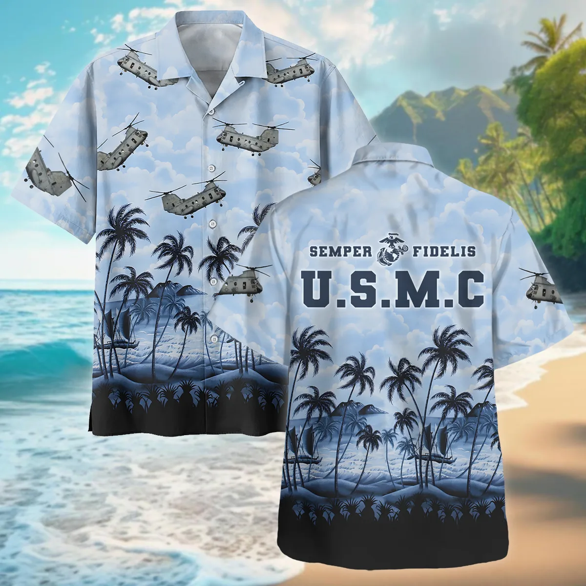 CH-46 Sea Knight Hawaii Style Palm Tree U.S. Marine Corps Oversized Hawaiian Shirt All Over Prints Gift Loves