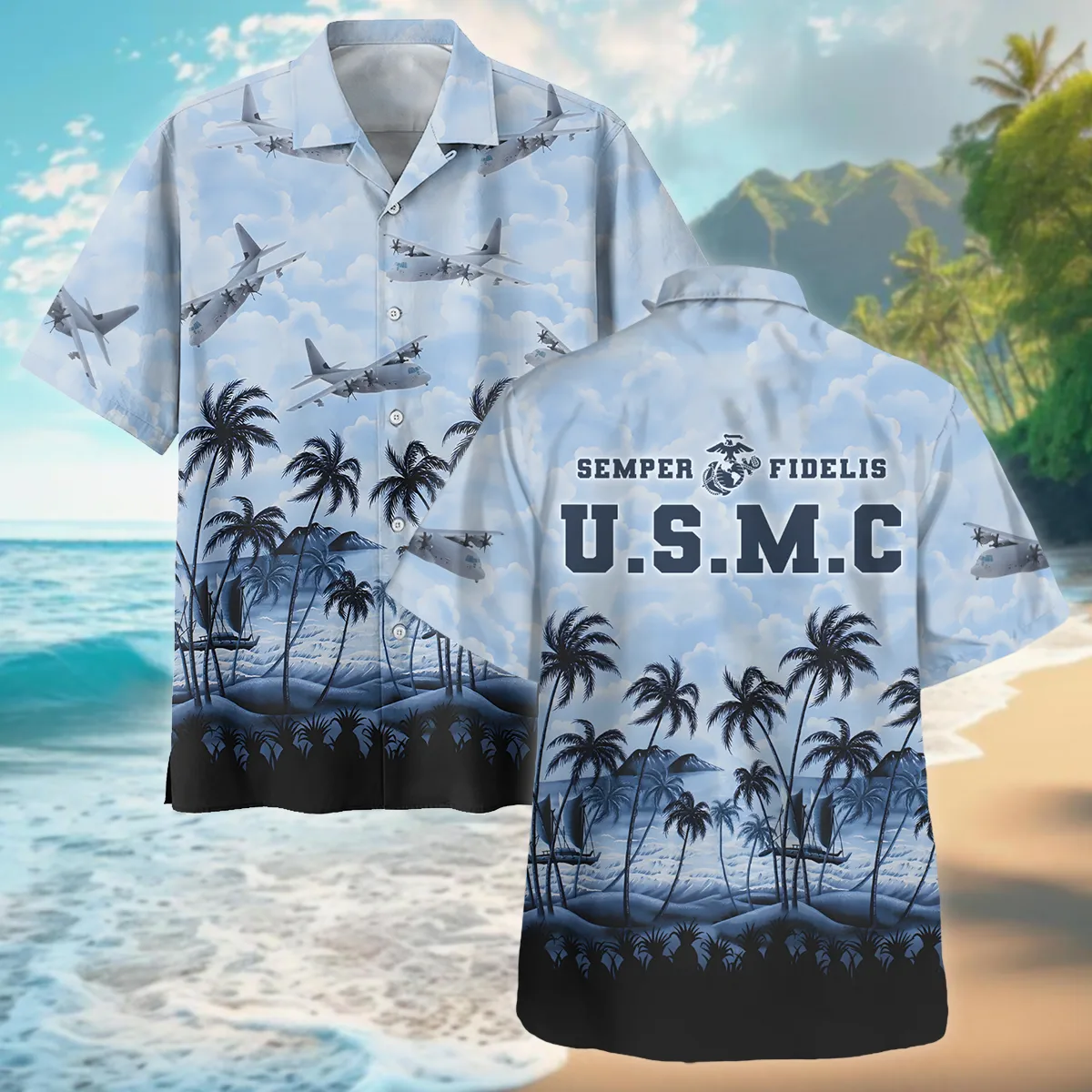 KC-130 Hercules Hawaii Style Palm Tree U.S. Marine Corps Oversized Hawaiian Shirt All Over Prints Gift Loves