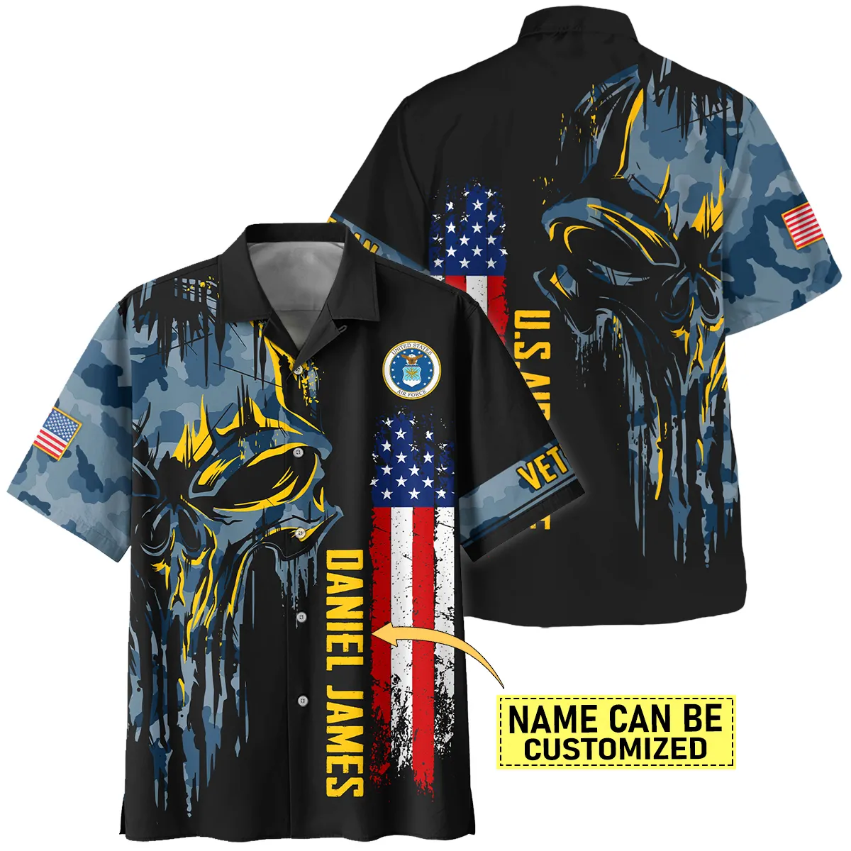 Camo Pattern Skull Custom Name U.S. Air Force All Over Prints Oversized Hawaiian Shirt