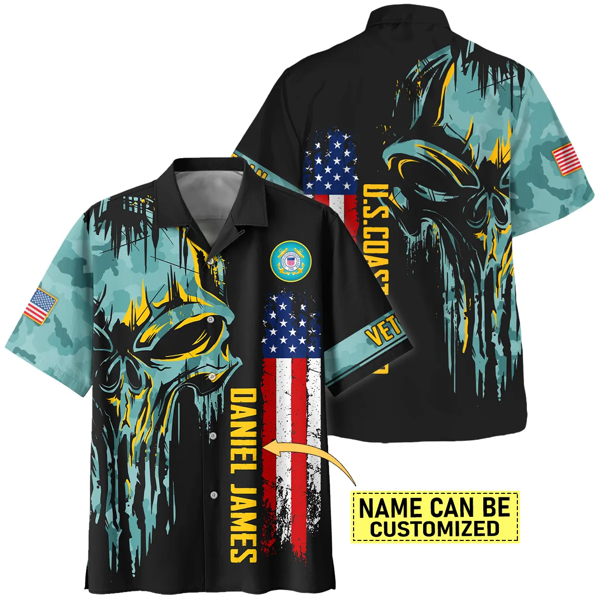 Camo Pattern Skull Custom Name U.S. Coast Guard All Over Prints Oversized Hawaiian Shirt