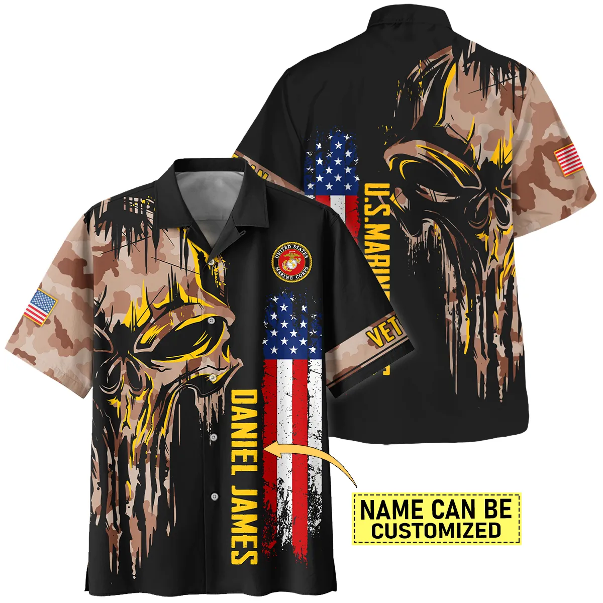 Camo Pattern Skull Custom  Name U.S. Marine Corps All Over Prints Oversized Hawaiian Shirt
