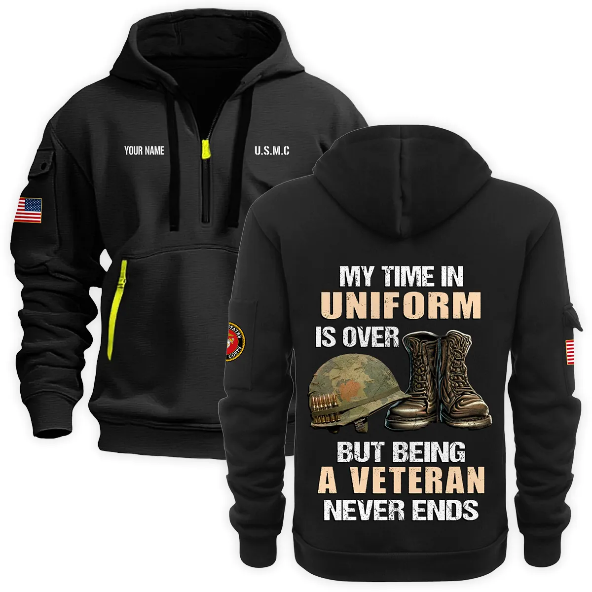 US Military All Branches U.S. Marine Corps Veteran Hoodie Half Zipper