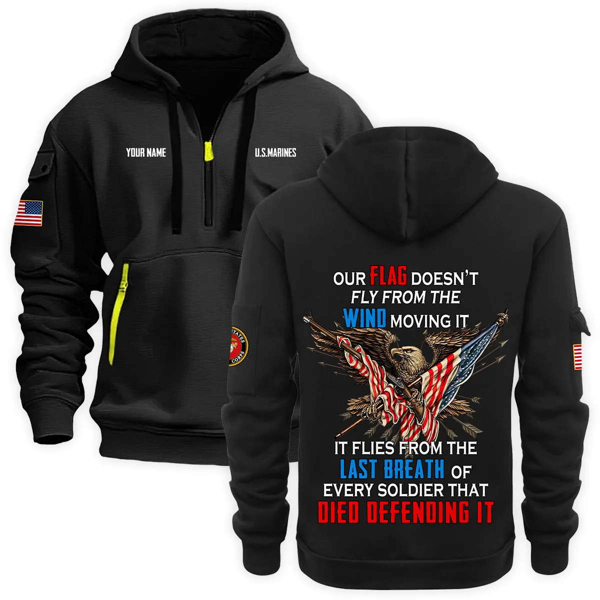 US Military All Branches Personalized Name U.S. Marine Corps Veteran Hoodie Half Zipper