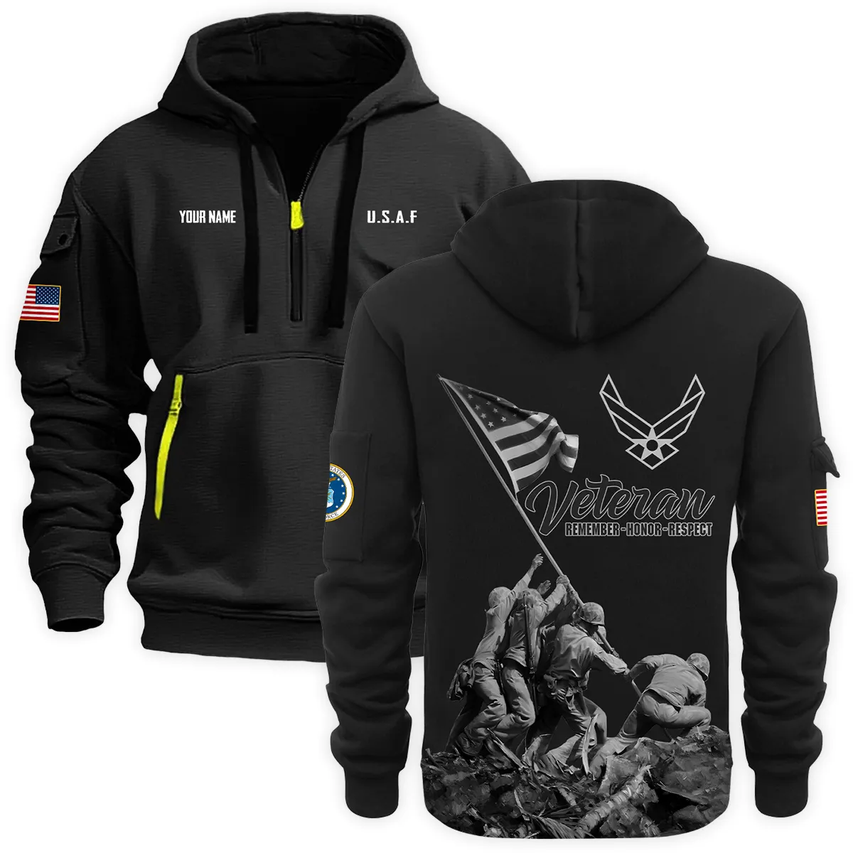 US Military All Branches Personalized Name U.S. Air Force Veteran Hoodie Half Zipper