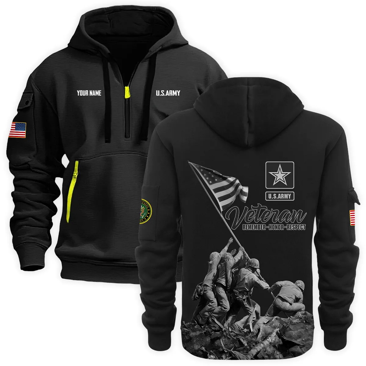 US Military All Branches Personalized Name U.S. Army Veteran Hoodie Half Zipper