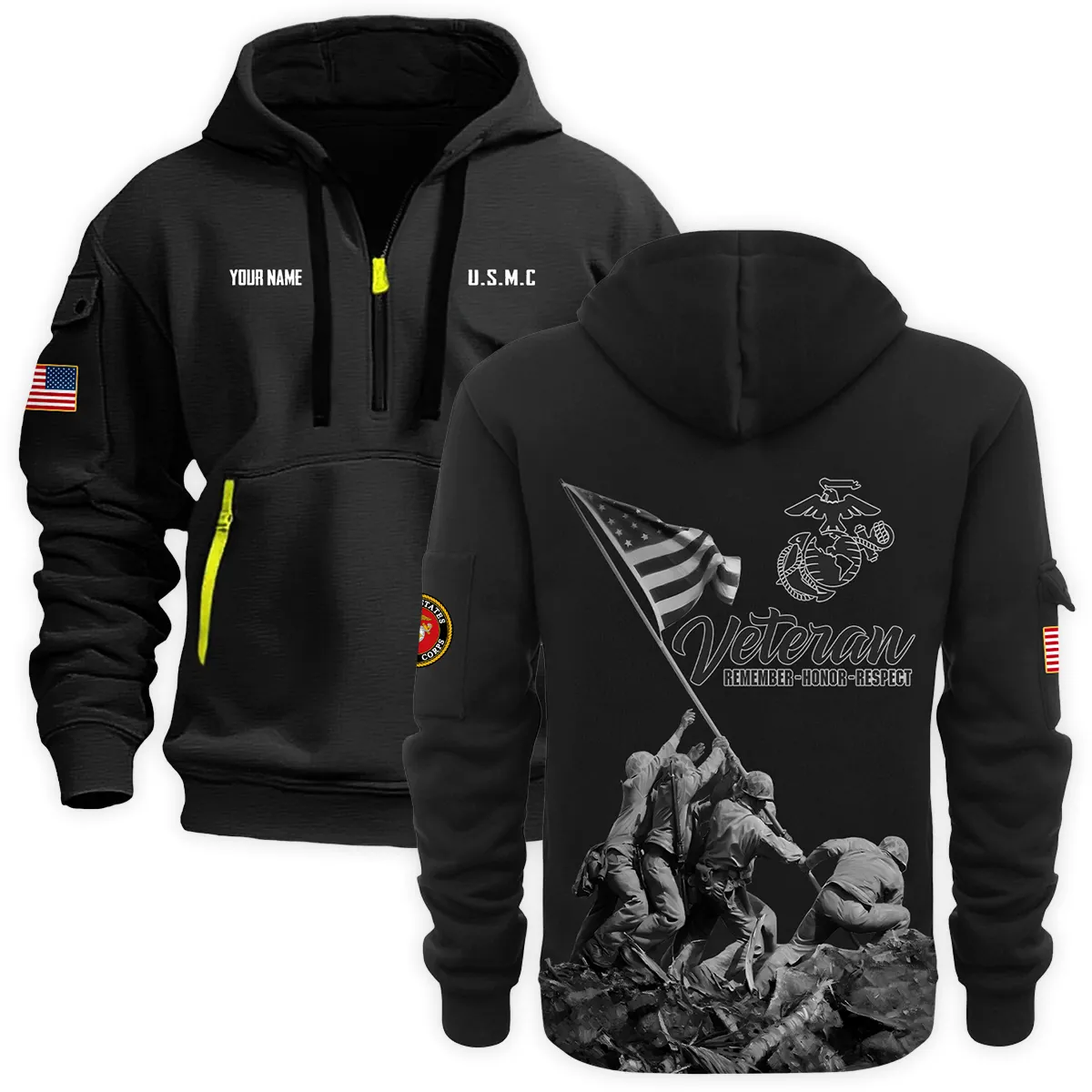 US Military All Branches Personalized Name U.S. Marine Corps Veteran Hoodie Half Zipper