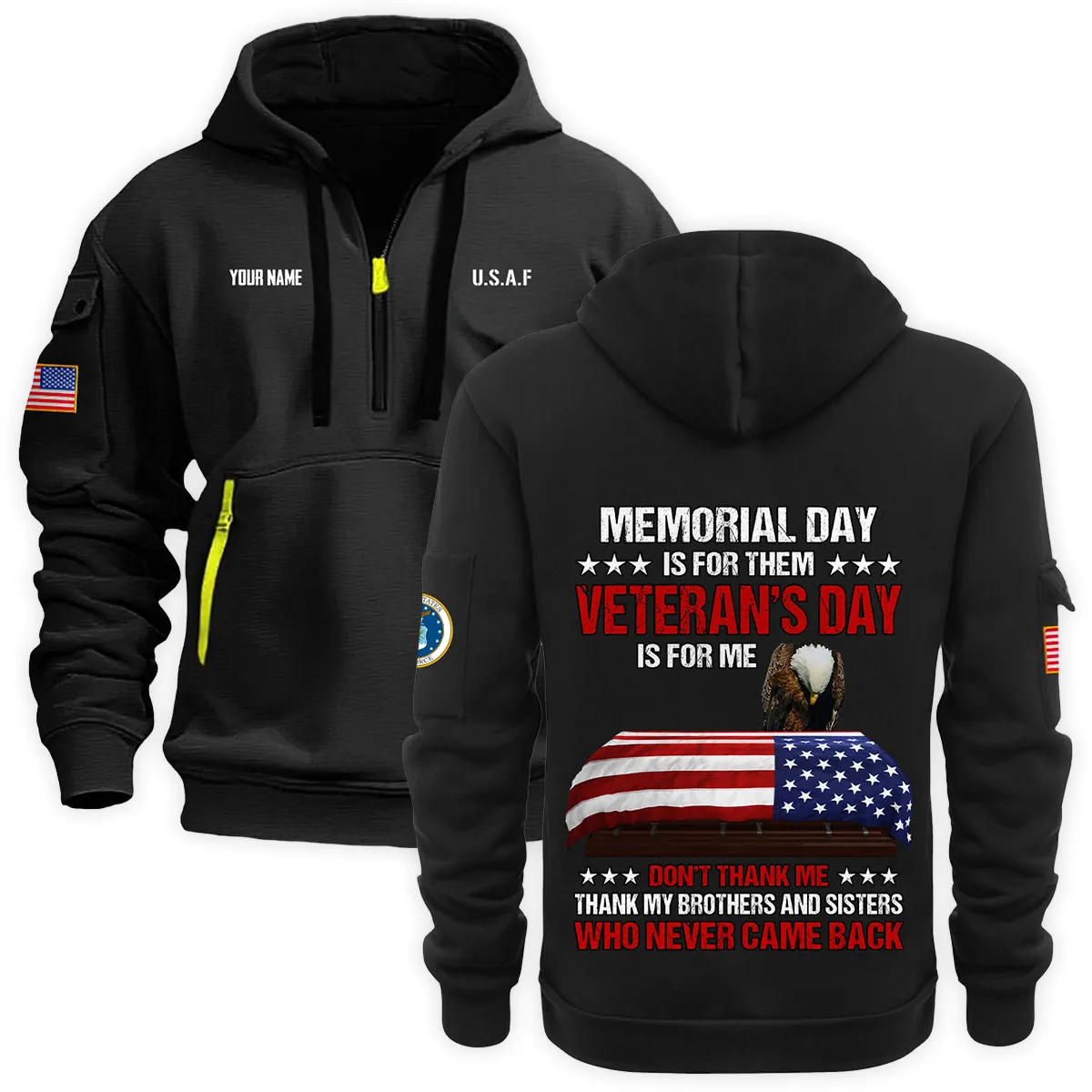 US Military All Branches Personalized Name U.S. Air Force Veteran Hoodie Half Zipper