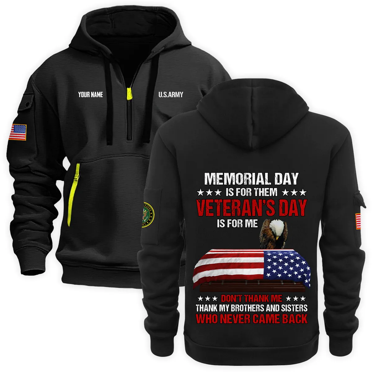 US Military All Branches Personalized Name U.S. Army Veteran Hoodie Half Zipper