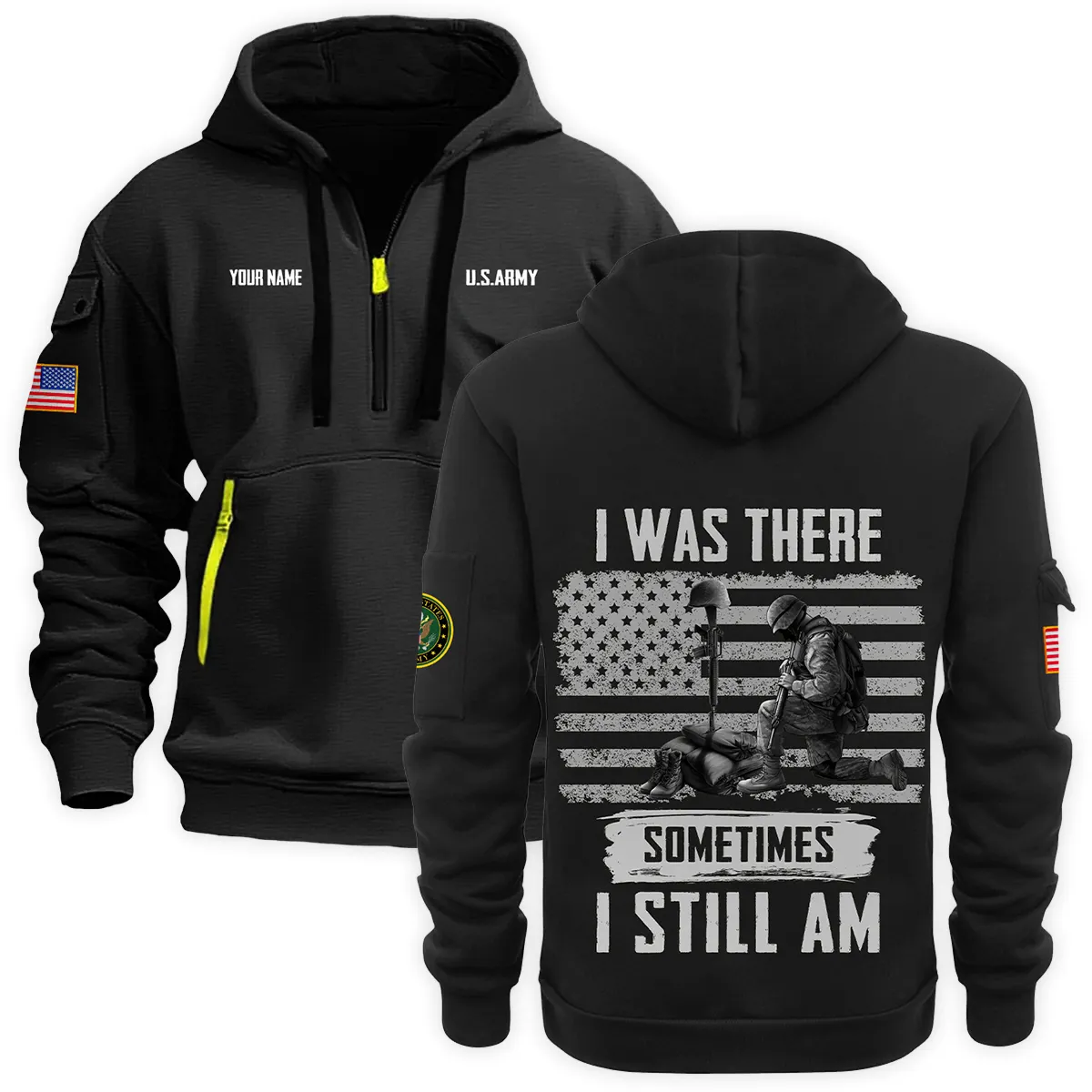 US Military All Branches Personalized Name U.S. Army Veteran Hoodie Half Zipper