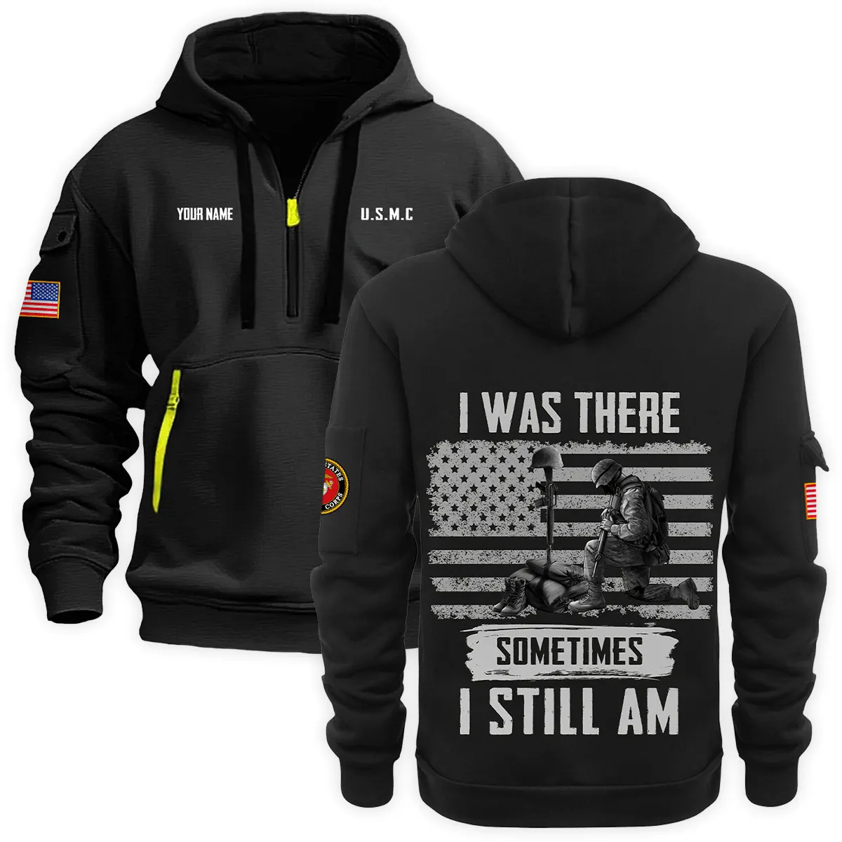 US Military All Branches Personalized Name U.S. Marine Corps Veteran Hoodie Half Zipper