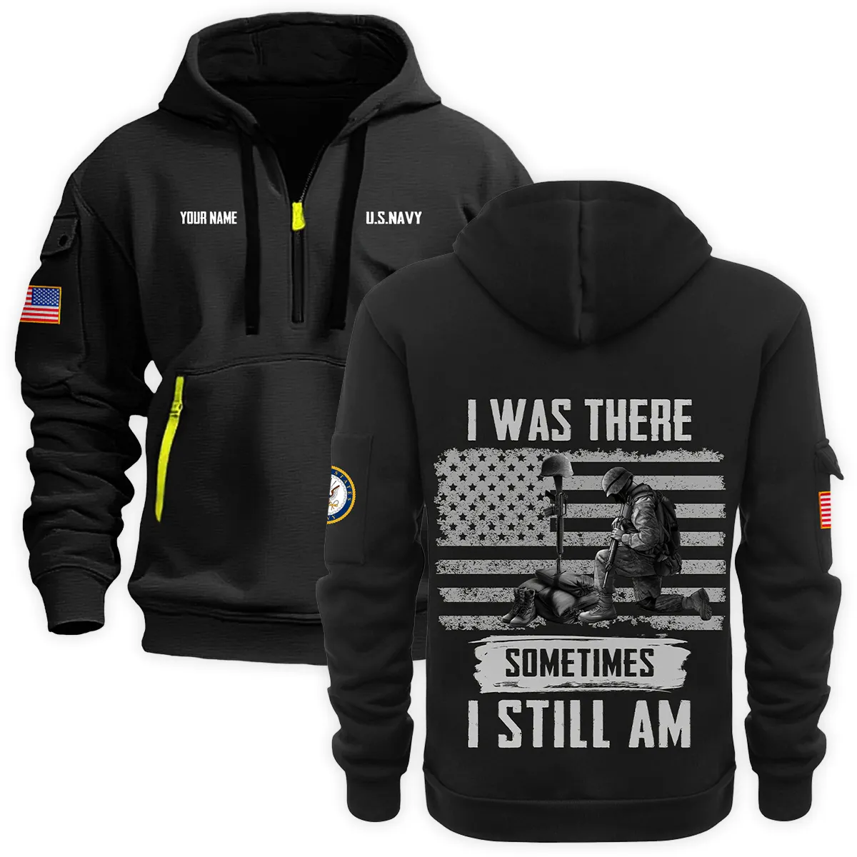 US Military All Branches Personalized Name U.S. Navy Veteran Hoodie Half Zipper