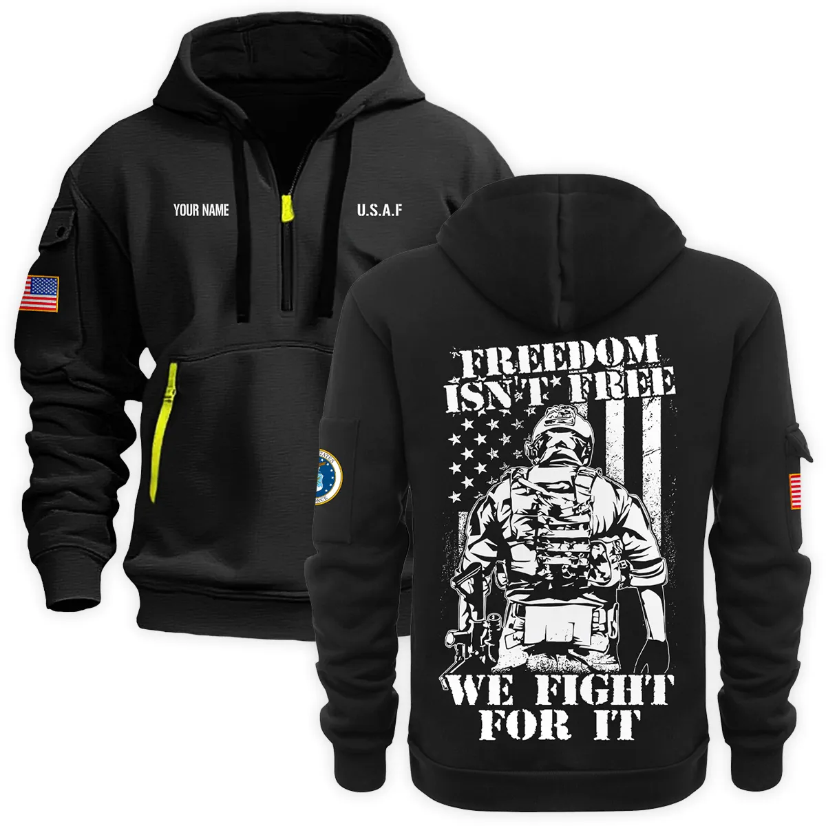 US Military All Branches Personalized Name U.S. Air Force Veteran Hoodie Half Zipper