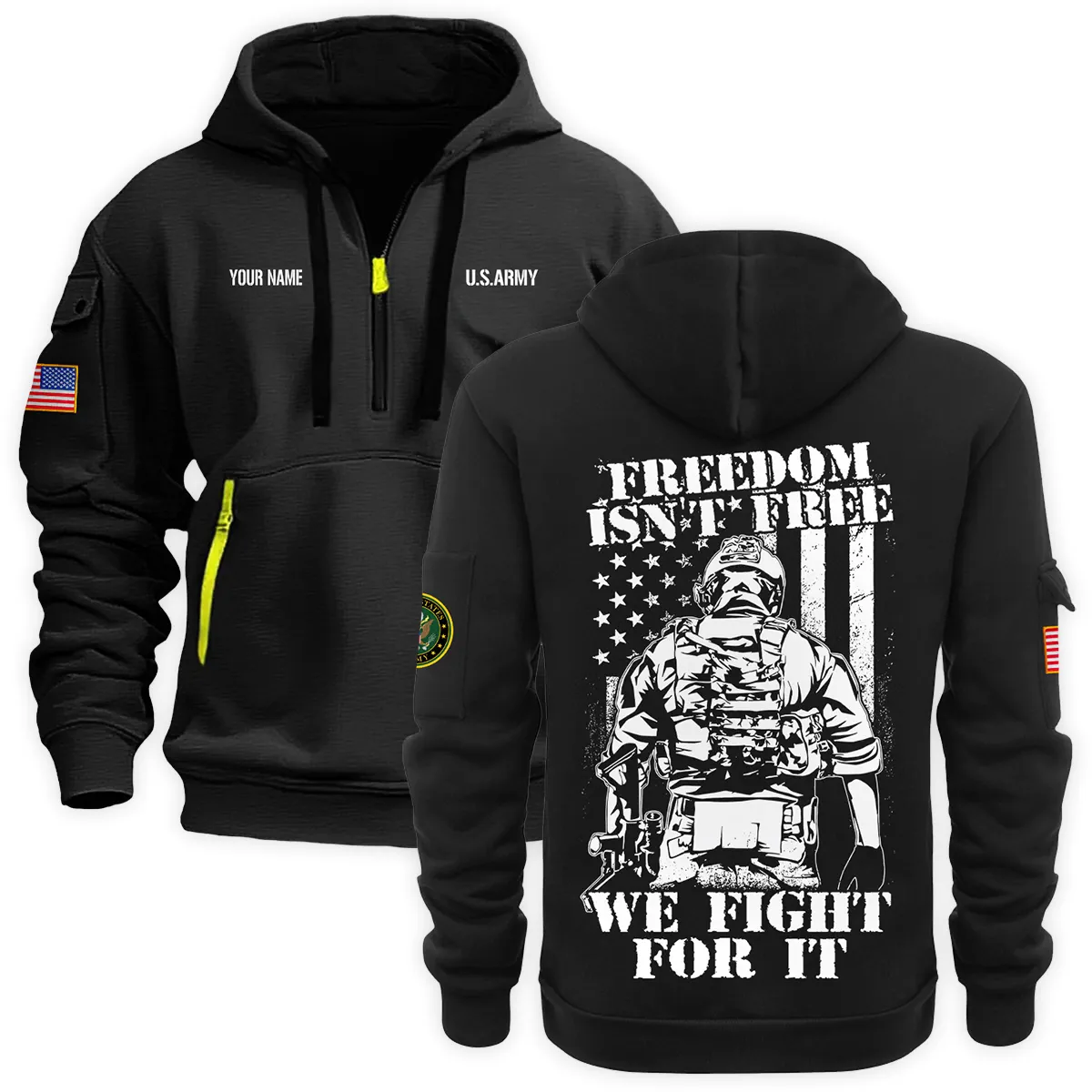 US Military All Branches Personalized Name U.S. Army Veteran Hoodie Half Zipper