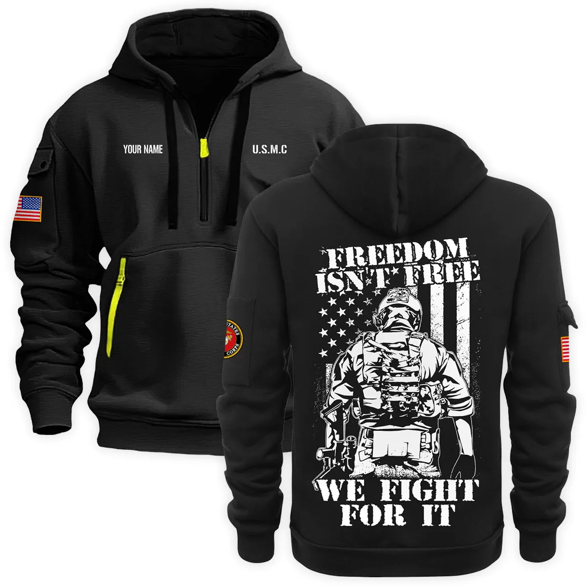 US Military All Branches Personalized Name U.S. Marine Corps Veteran Hoodie Half Zipper