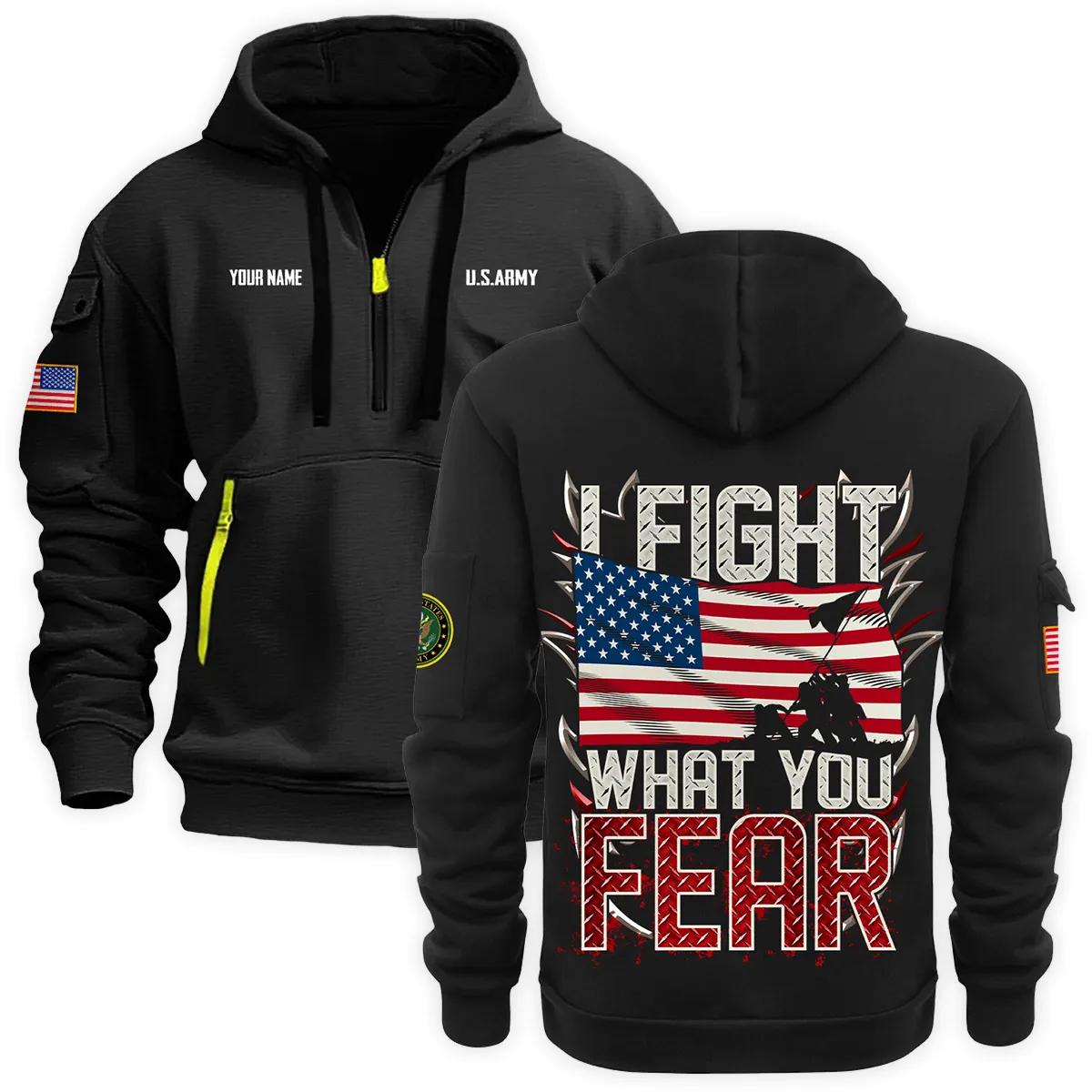 US Military All Branches Personalized Name U.S. Army Veteran Hoodie Half Zipper