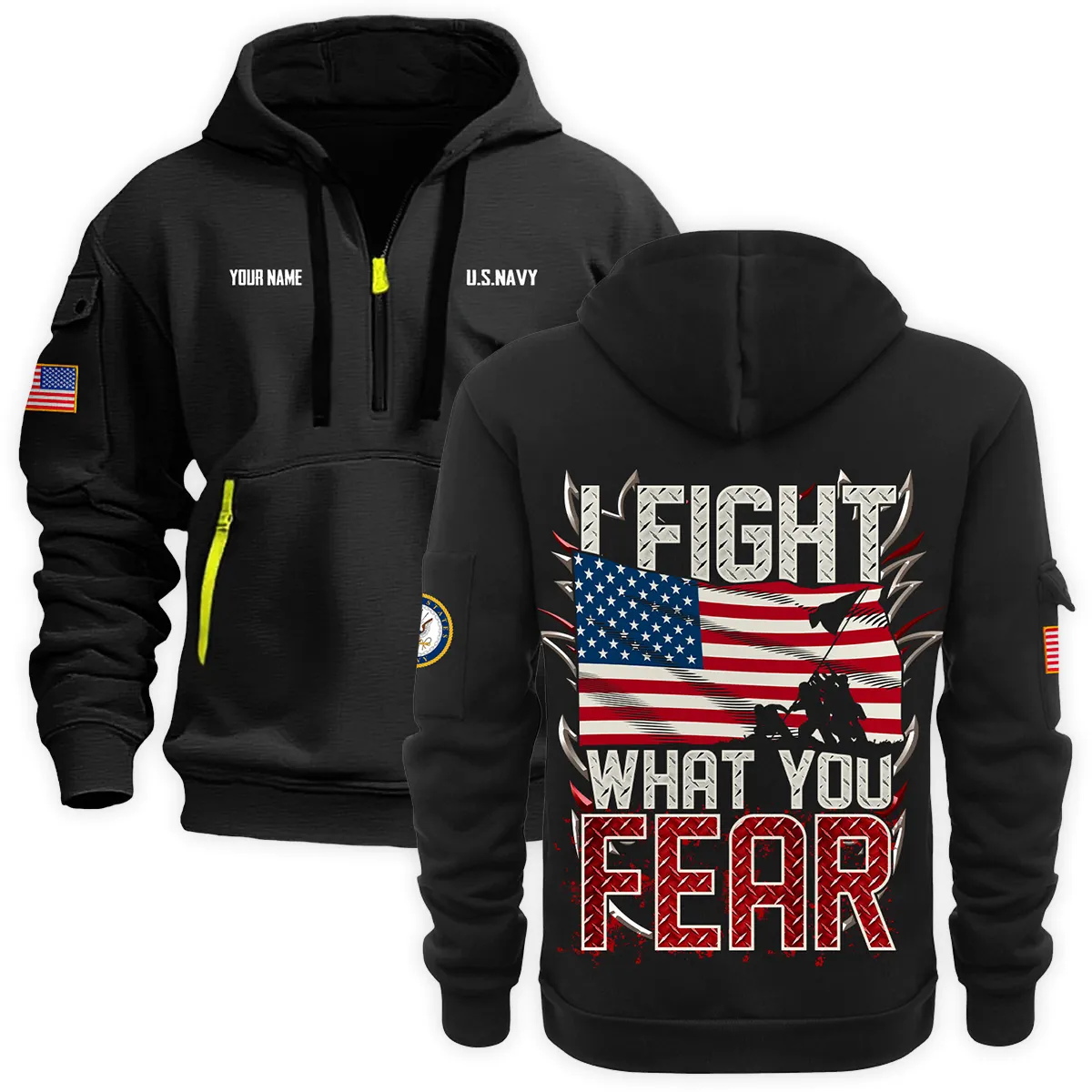 US Military All Branches Personalized Name U.S. Navy Veteran Hoodie Half Zipper