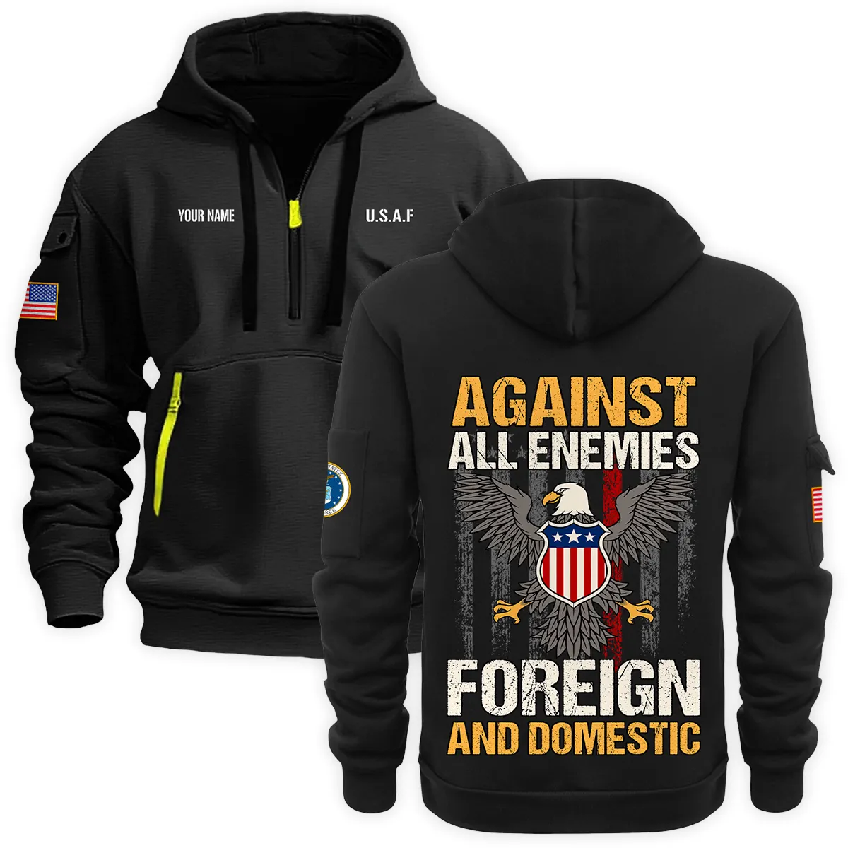 US Military All Branches Personalized Name U.S. Air Force Veteran Hoodie Half Zipper