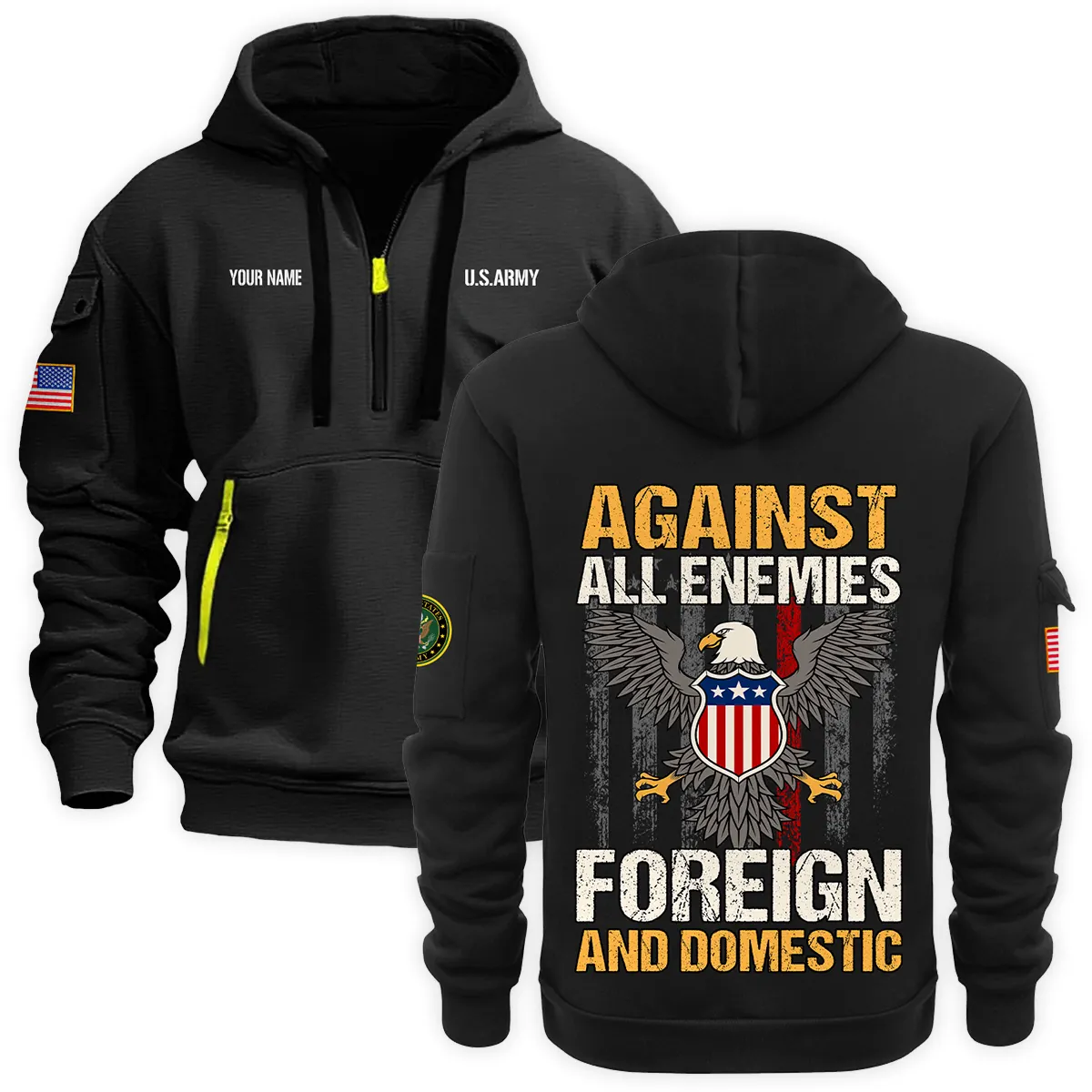 US Military All Branches Personalized Name U.S. Army Veteran Hoodie Half Zipper