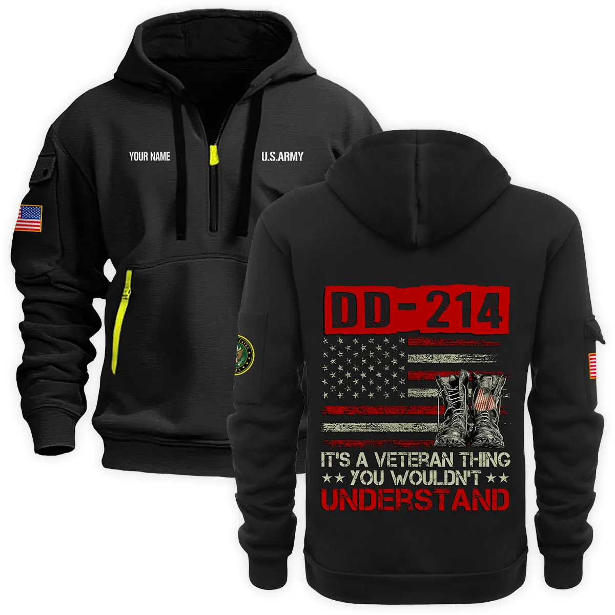 US Military All Branches Personalized Name U.S. Army Veteran Hoodie Half Zipper