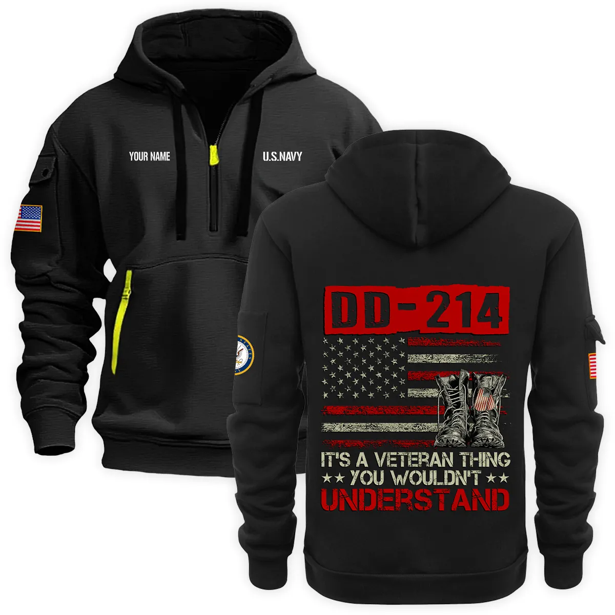 US Military All Branches Personalized Name U.S. Navy Veteran Hoodie Half Zipper