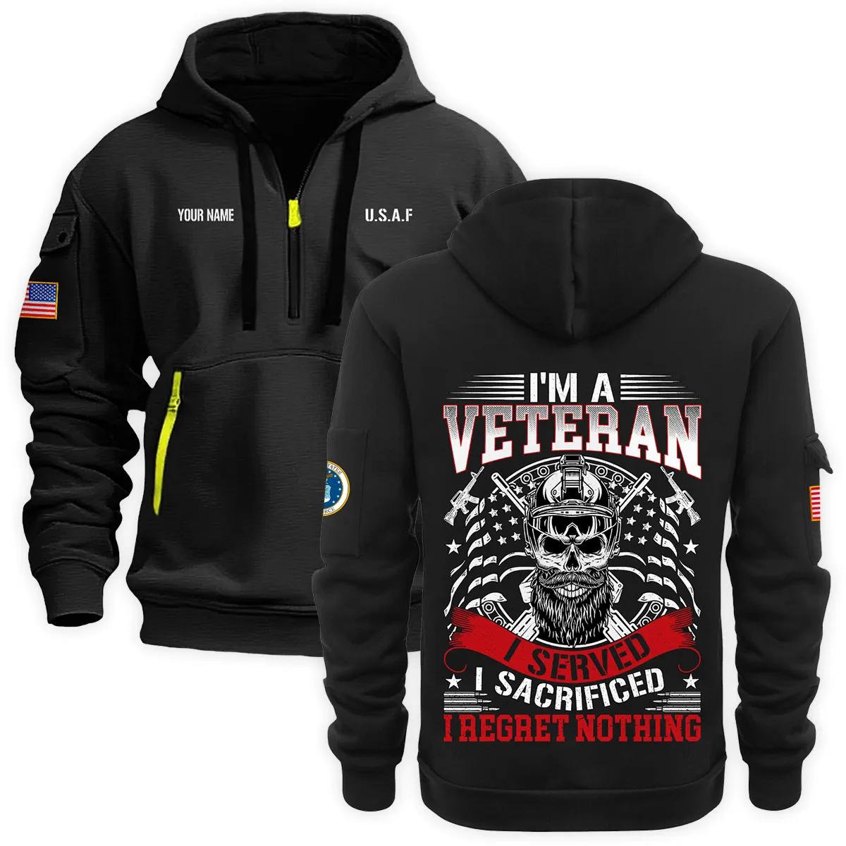 US Military All Branches Personalized Name U.S. Air Force Veteran Hoodie Half Zipper