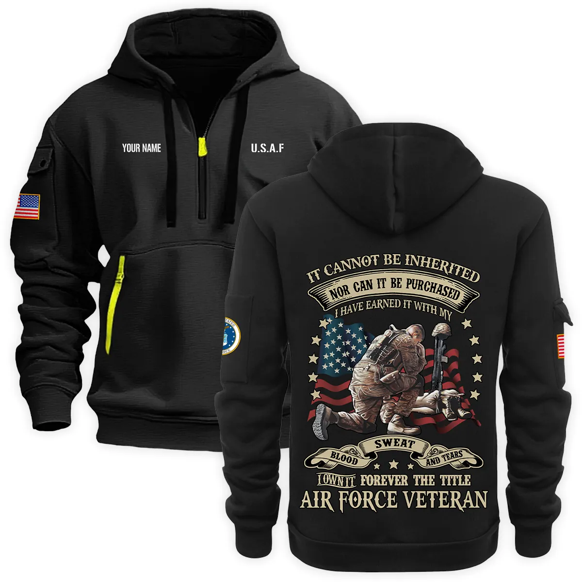 US Military All Branches Personalized Name U.S. Air Force Veteran Hoodie Half Zipper