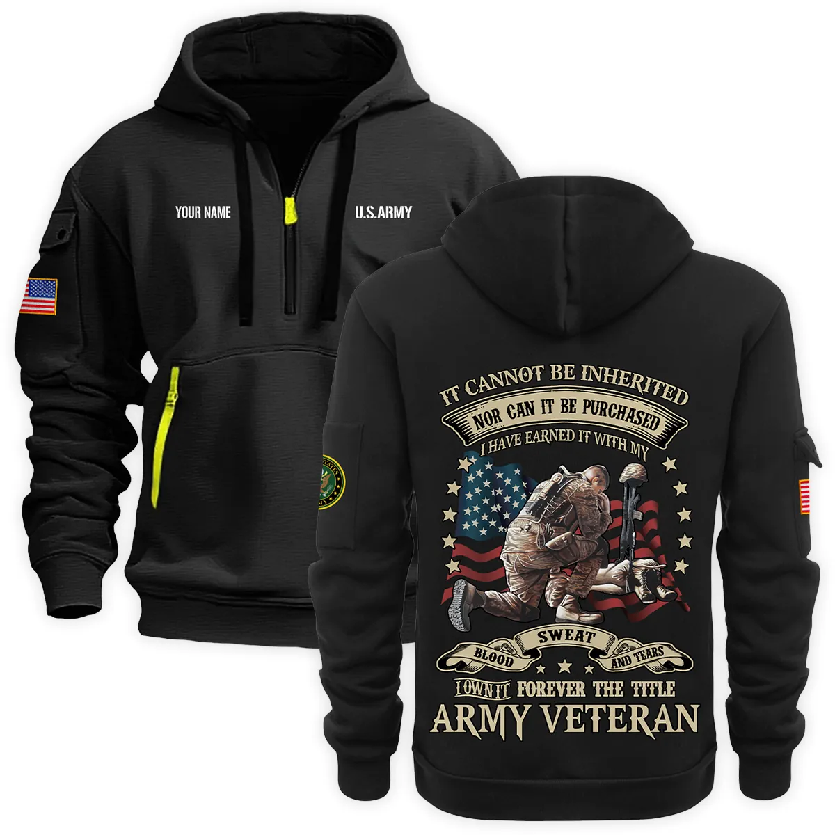 US Military All Branches Personalized Name U.S. Army Veteran Hoodie Half Zipper