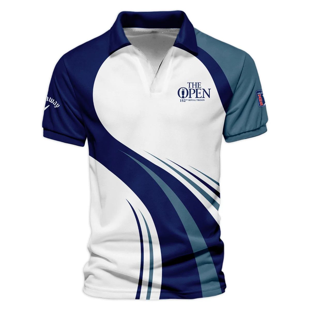152nd Open Championship Callaway White Mostly Desaturated Dark Blue Vneck Polo Shirt All Over Prints  HOTOP270624A02CLWZVPL