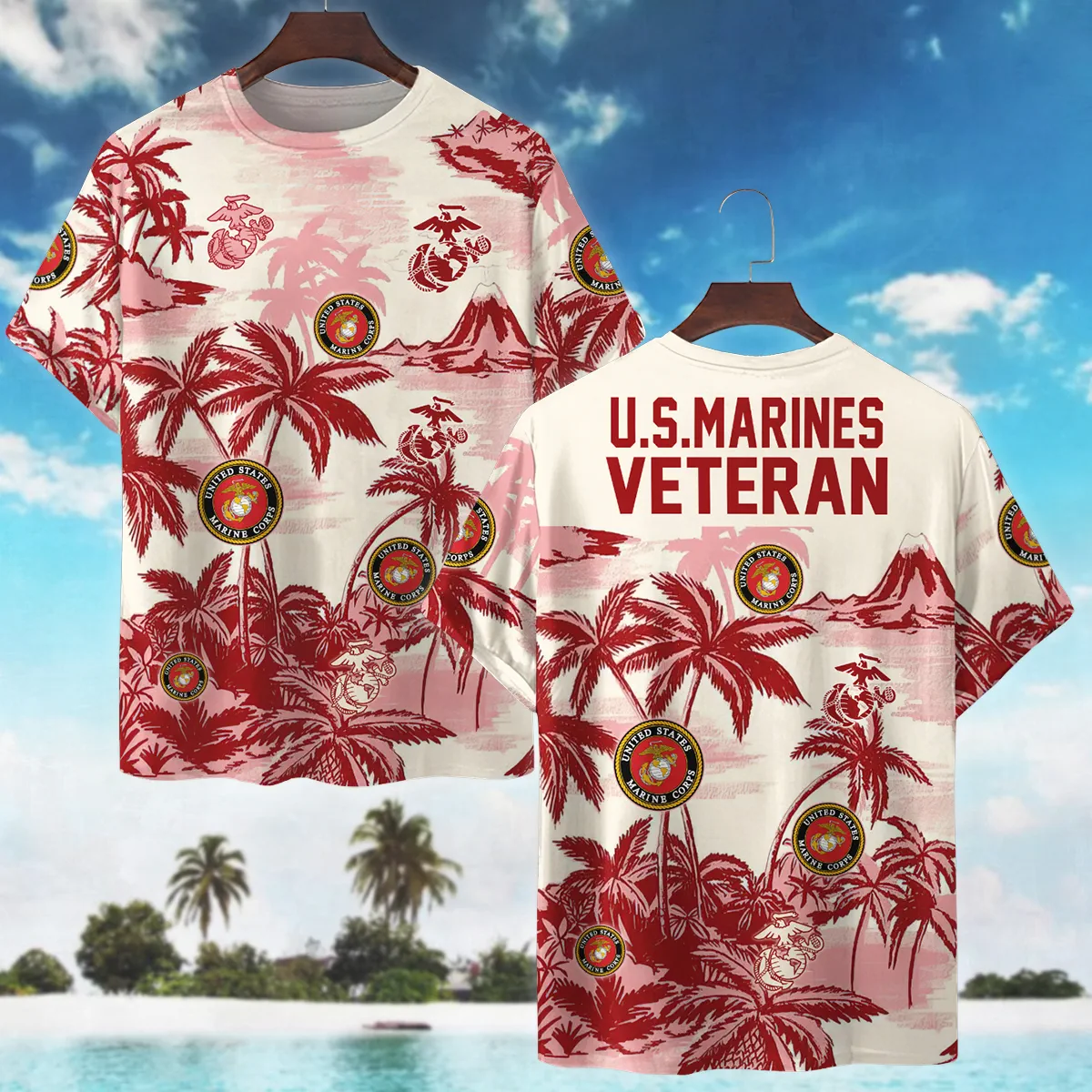 Hawaii Pattern Summer Beach Shirt Veteran U.S. Marine Corps All Over Prints Unisex T-Shirt