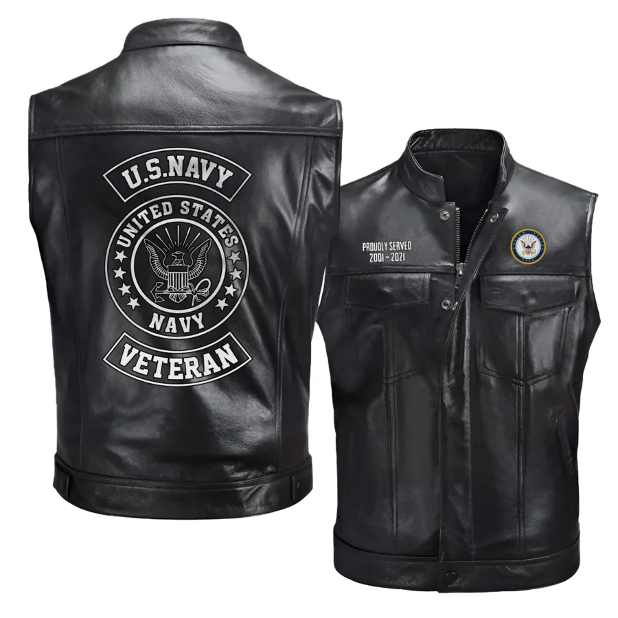 Proudly Served Personalized Gift U.S. Navy Veteran Fashion Zipper Sleeveless Leather Jackets