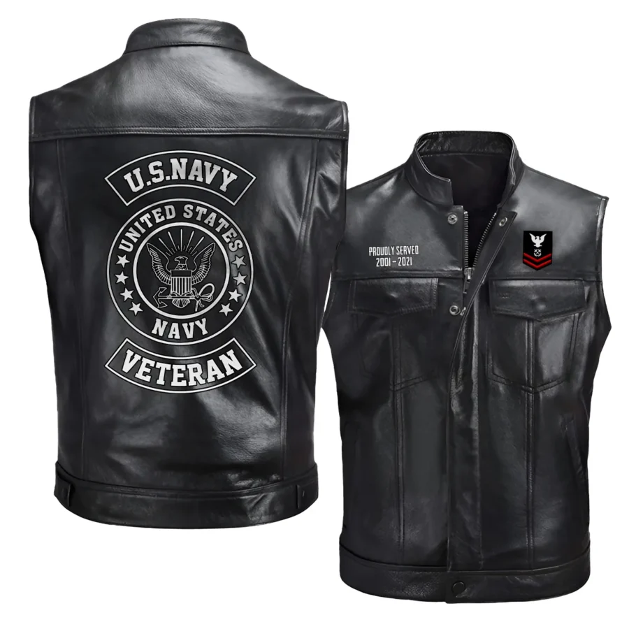 E5-PO2 Proudly Served Personalized Gift U.S. Navy Veteran Fashion Zipper Sleeveless Leather Jackets