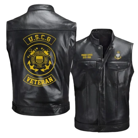 Proudly Served Personalized Gift U.S. Coast Guard Veteran Fashion Zipper Sleeveless Leather Jackets