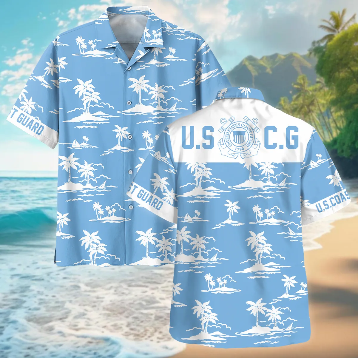 Hawaii Palm Tree Pattern Summer Beach Shirt Veteran U.S. Coast Guard All Over Prints Unisex T-Shirt