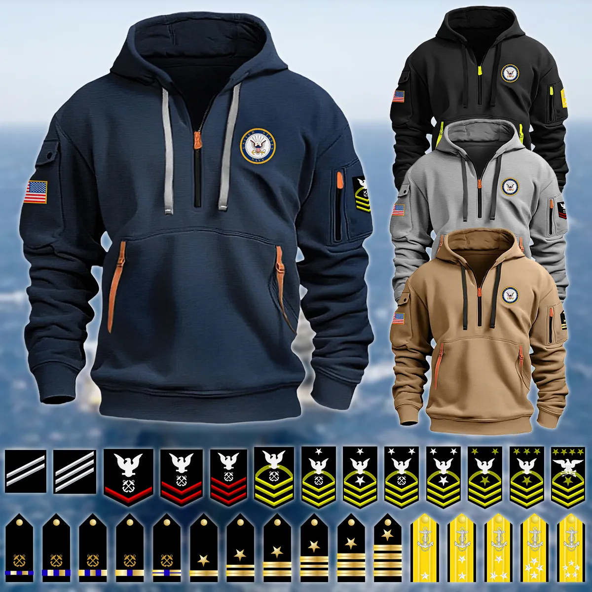 US Military All Branches Personalized U.S. Navy Ranking Fashion Hoodie Half Zipper