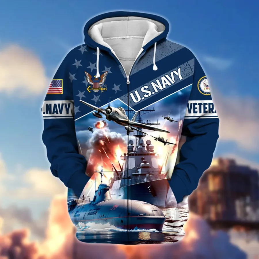 U.S. Navy Veteran All Over Prints Zipper Hoodie Shirt Military Veterans Patriotic Attire QT1906NVA17