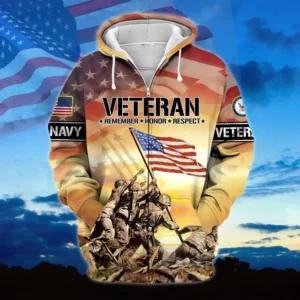 U.S. Navy Veteran All Over Prints Zipper Hoodie Shirt Military Veterans Patriotic Attire QT1906NVA25