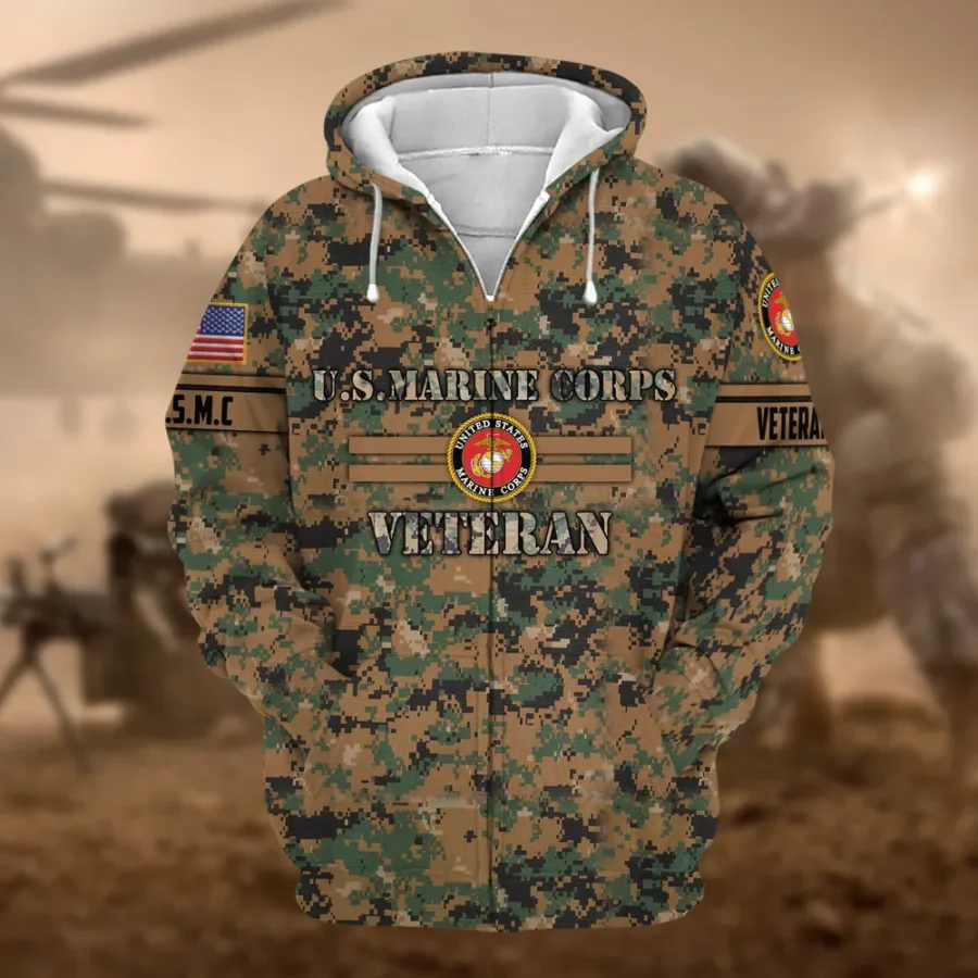 U.S.M.C Veteran All Over Prints Zipper Hoodie Shirt Retirees Patriotic Attire QT1906MCA21