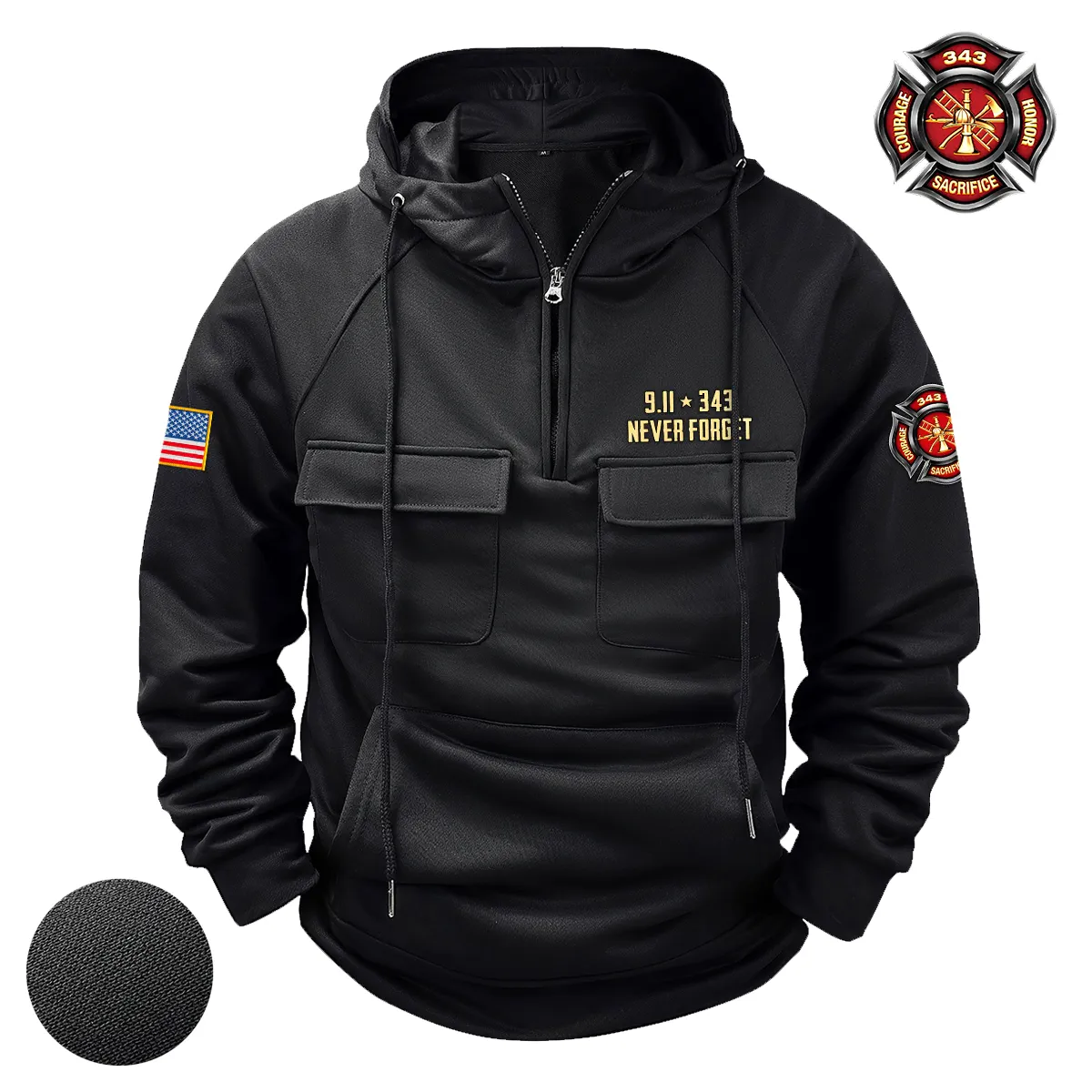 Patriot Day 911 x 343 Never Forget FireFighter Tactical Quarter Zip Hoodie BLFF130724A1