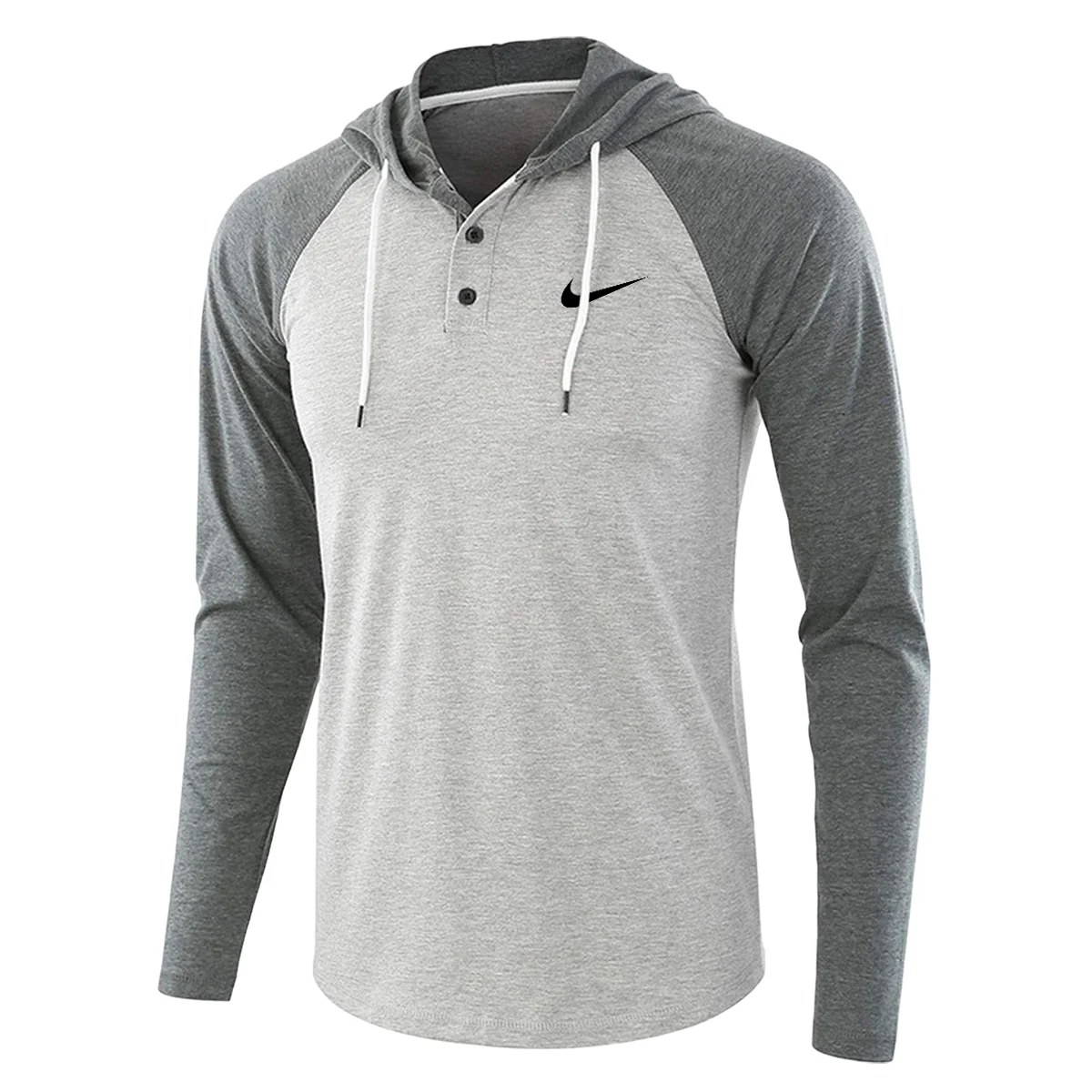 Brand Ping Mens Long Sleeve Solid Color Henley Neck Drawstring Buttoned Hoodie QTBR040724A1PI