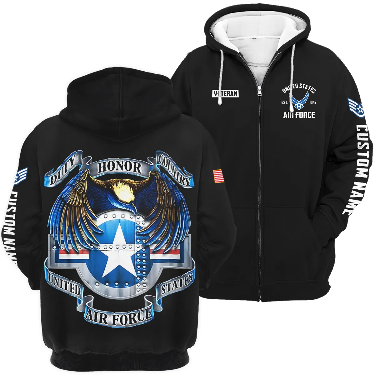 Duty Honor Country Veteran U.S. Air Force Apparel All Over Prints BLVTR180724A2AF - Zip Hoodie