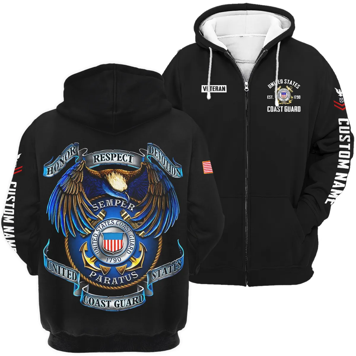 Honor Respect Devotion Veteran U.S. Coast Guard Apparel All Over Prints BLVTR180724A2CG - Zip Hoodie