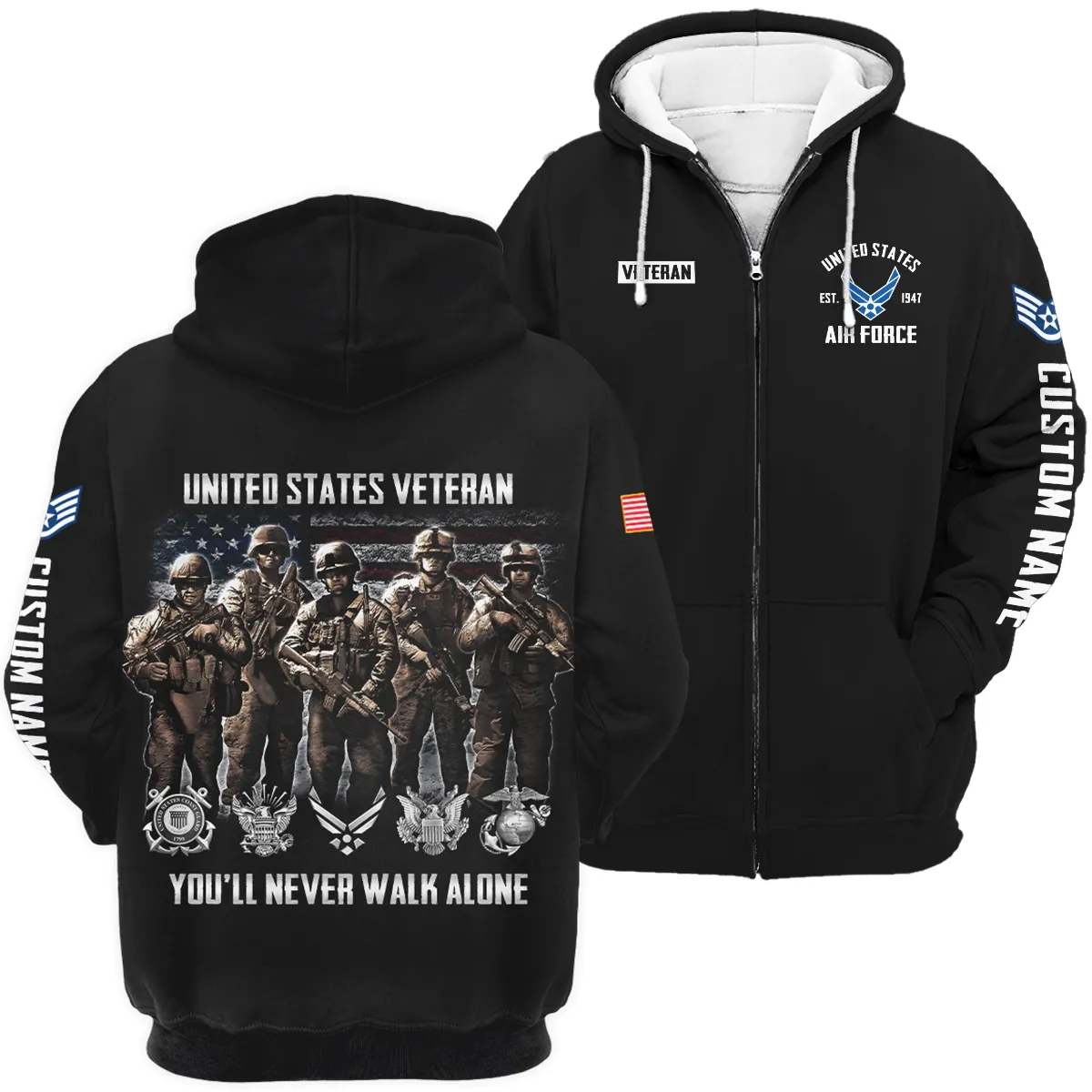 You'll Never Walk Alone Veteran U.S. Air Force Apparel All Over Prints BLVTR190724A1AF - Zip Hoodie