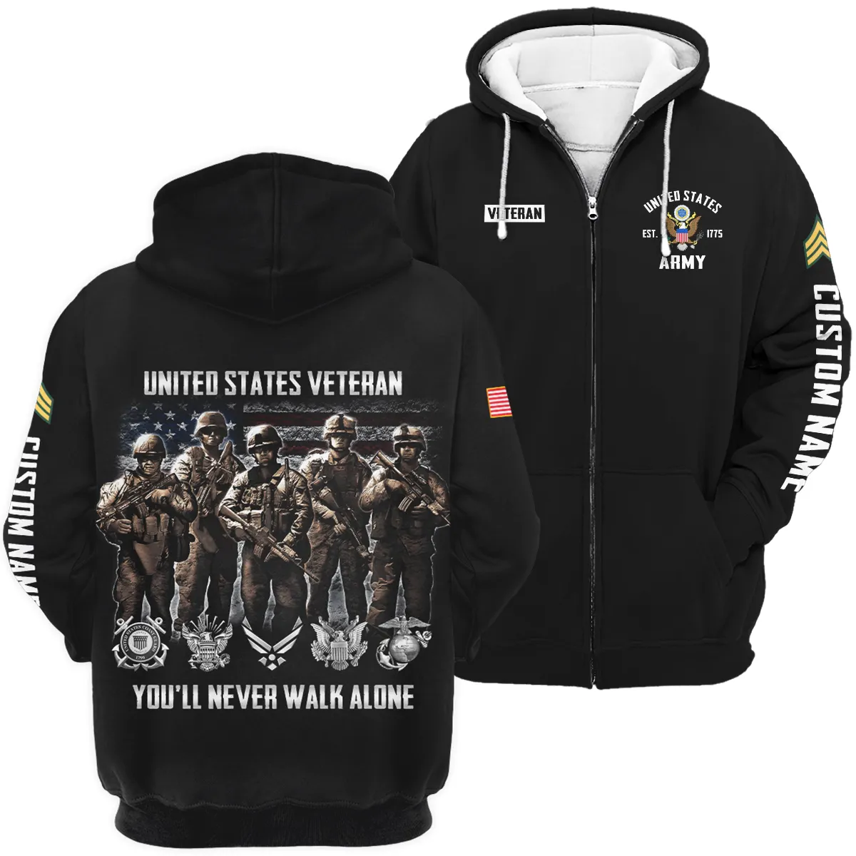 You'll Never Walk Alone Veteran U.S. Army Apparel All Over Prints BLVTR190724A1AM - Zip Hoodie