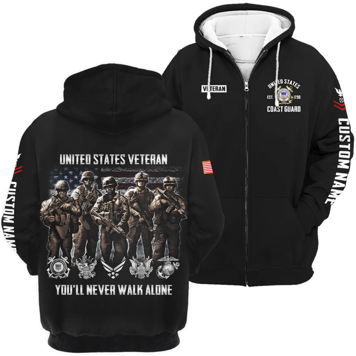 You'll Never Walk Alone Veteran U.S. Coast Guard Apparel All Over Prints BLVTR190724A1CG - Zip Hoodie