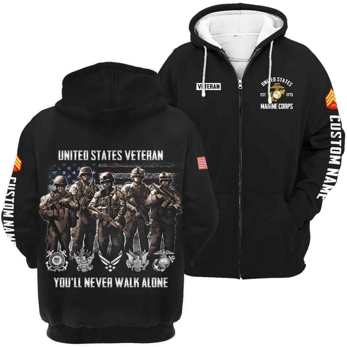 You'll Never Walk Alone Veteran U.S. Marine Corps Apparel All Over Prints BLVTR190724A1MC - Zip Hoodie