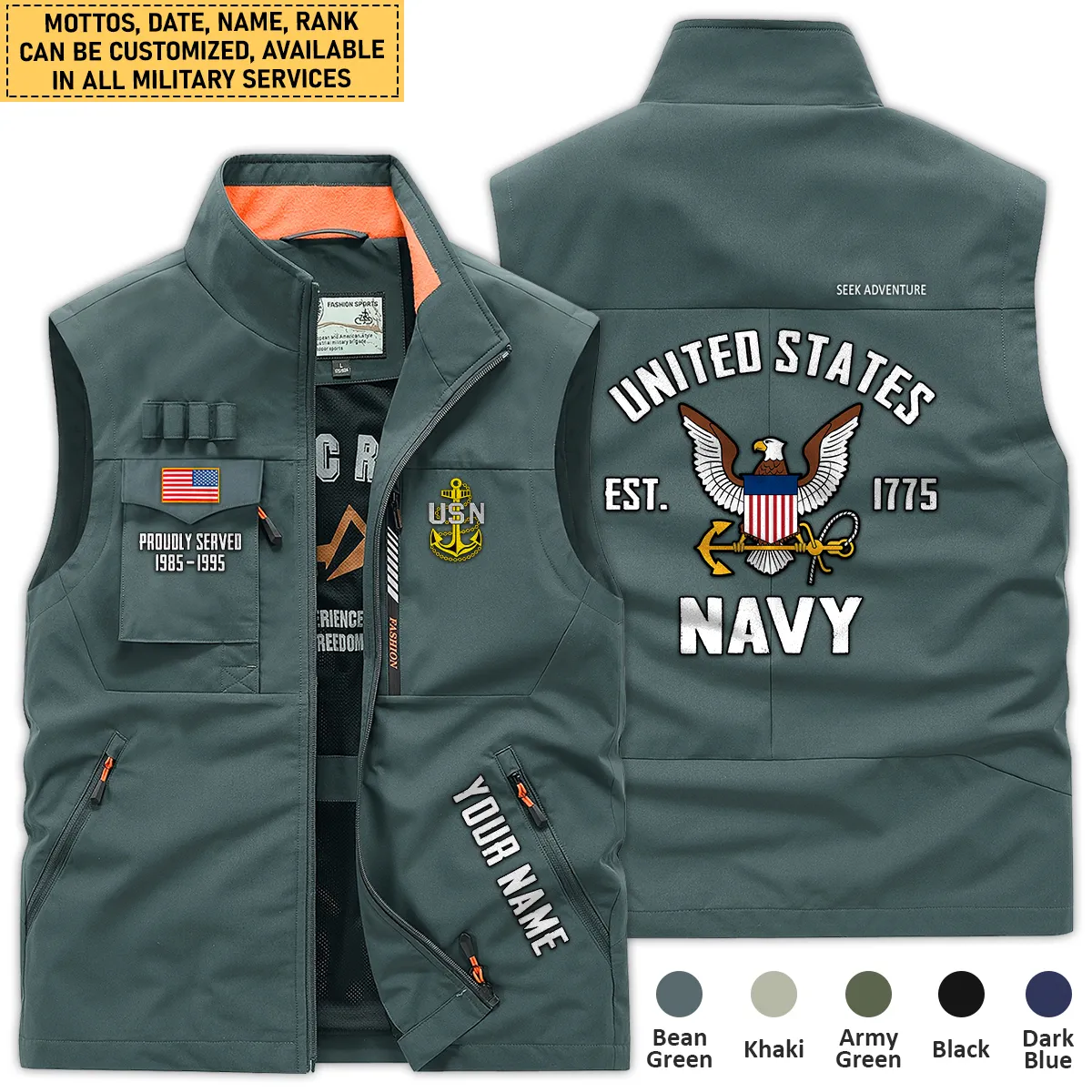 Personalized Gift Proudly Served Established U.S. Navy Outdoor Vest BLVTR080724A01NV